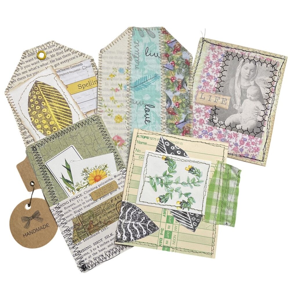 5 Handmade Bookmark Junk Journal Tags Sewn Vintage Style Scrapbook u